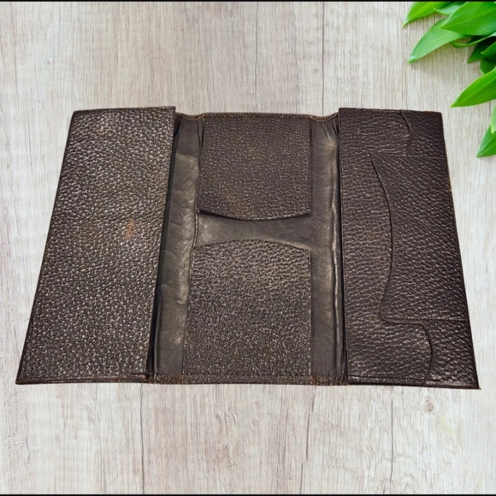 VTG Antique Pebbled Leather Stitched 3 Fold Vest Pocket Long Wallet Bill Fold 9
